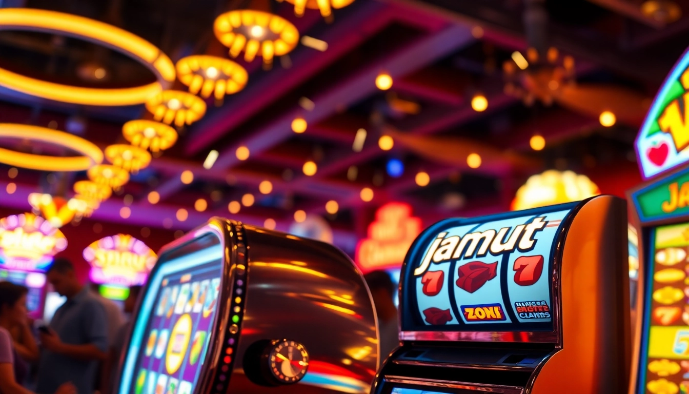 Mainkan jamu slot dengan mesin warna-warni dan pemain yang antusias di kasino.