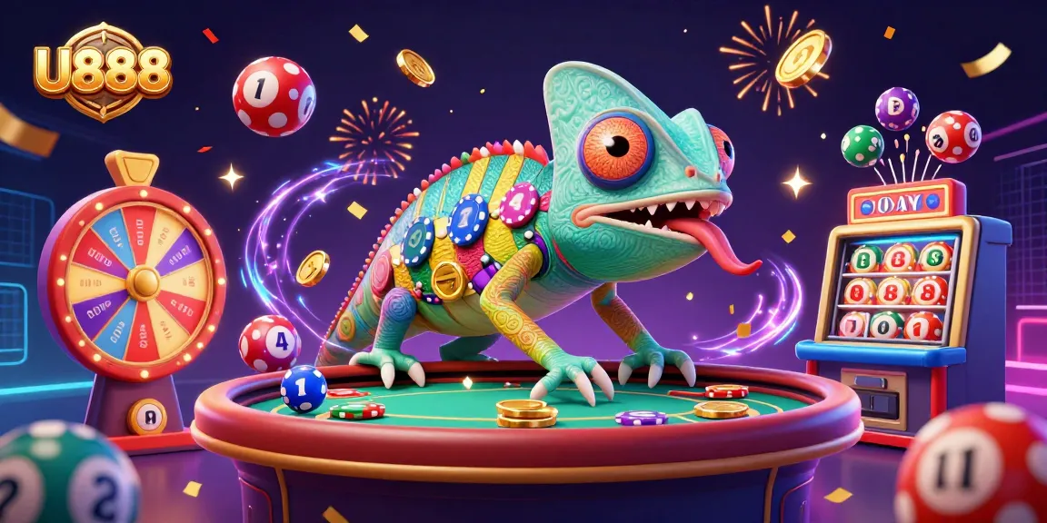 U888 casino animated scene with a colorful chameleon owner capturing coins amidst a vibrant gambling atmosphere.