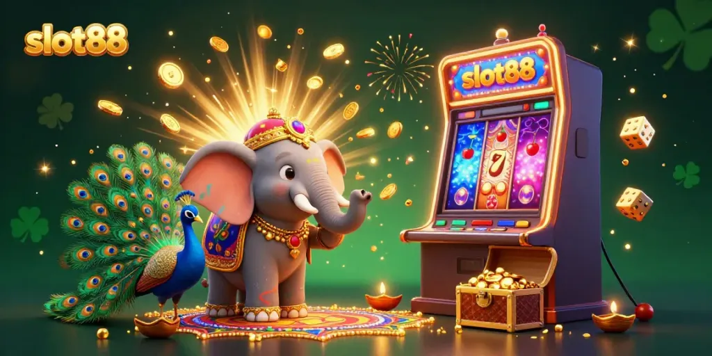 Experience slot88 excitement with a dynamic 3D casino illustration featuring vibrant characters and winning elements.