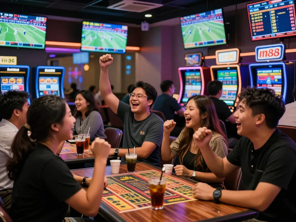 Keceriaan taruhan di bar olahraga m88 Indonesia dengan teman-teman bersorak dan pertandingan langsung ditampilkan.