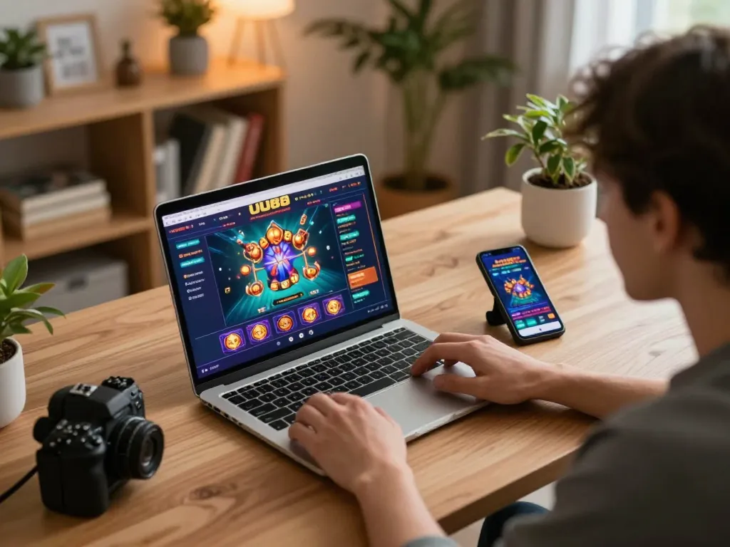 Player engaging with the UU88 online casino platform at a cozy home gaming setup, showcasing modern gaming lifestyle