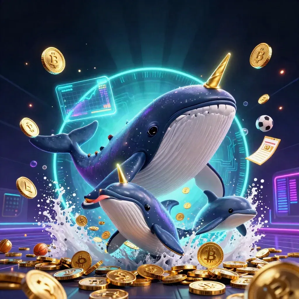 Paus kartun raksasa, narwhal, dan lumba-lumba melompat di lautan koin dengan cahaya neon.