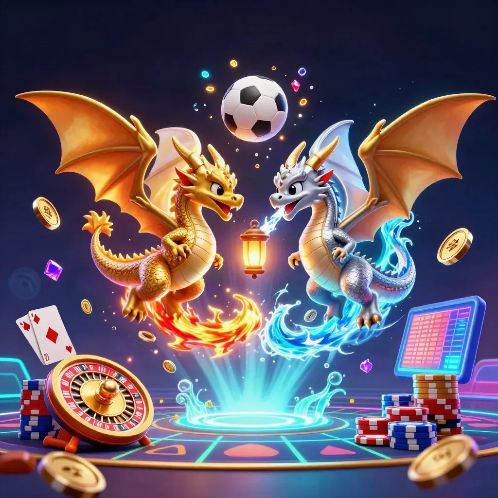 Dua naga emas dan perak berputar di udara, dikelilingi koin, chip, bola, dan cahaya neon kasino.