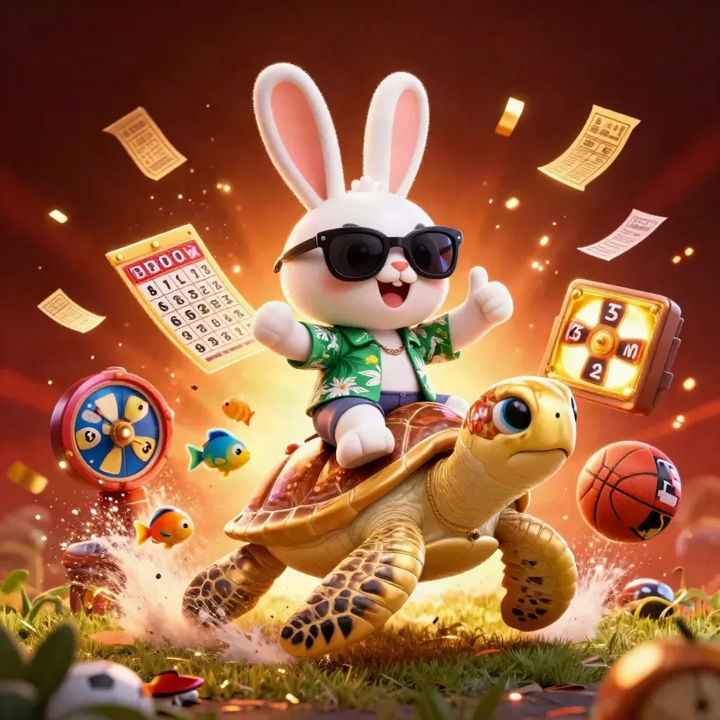 Kelinci kartun 3D naik kura-kura emas dikelilingi bola dan efek kasino mewah.