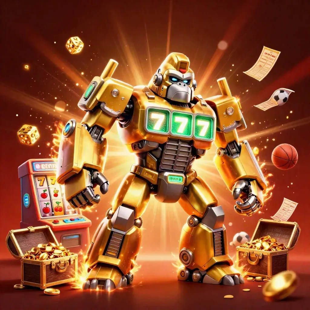 Gorila mecha emas dengan pilot monyet, slot meledak, dadu, bola olahraga, latar merah gelap