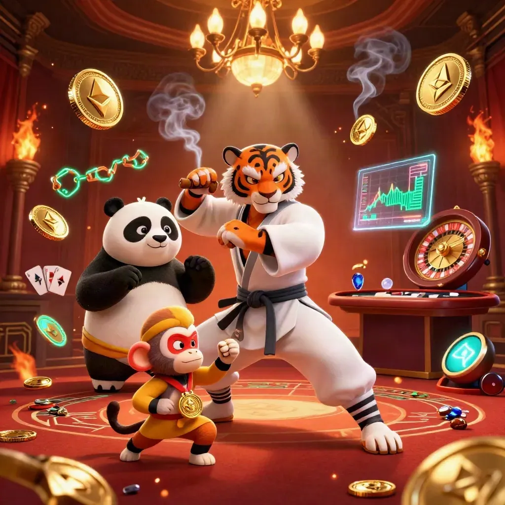 Harimau kung-fu, panda, dan monyet di ruang kasino mewah dengan koin crypto dan api.