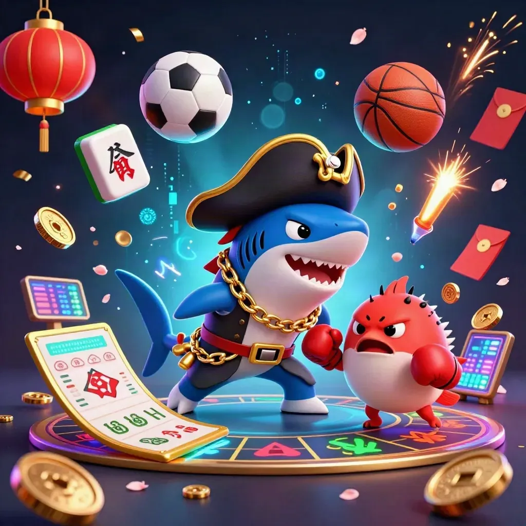 Hiu bajak laut kartun, ikan buntal, dan gurita bayi dikelilingi bola dan efek kasino neon.