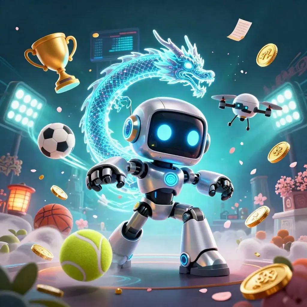 Robot cyberpunk, naga holografik, drone koin, bola olahraga dan cahaya kasino premium.