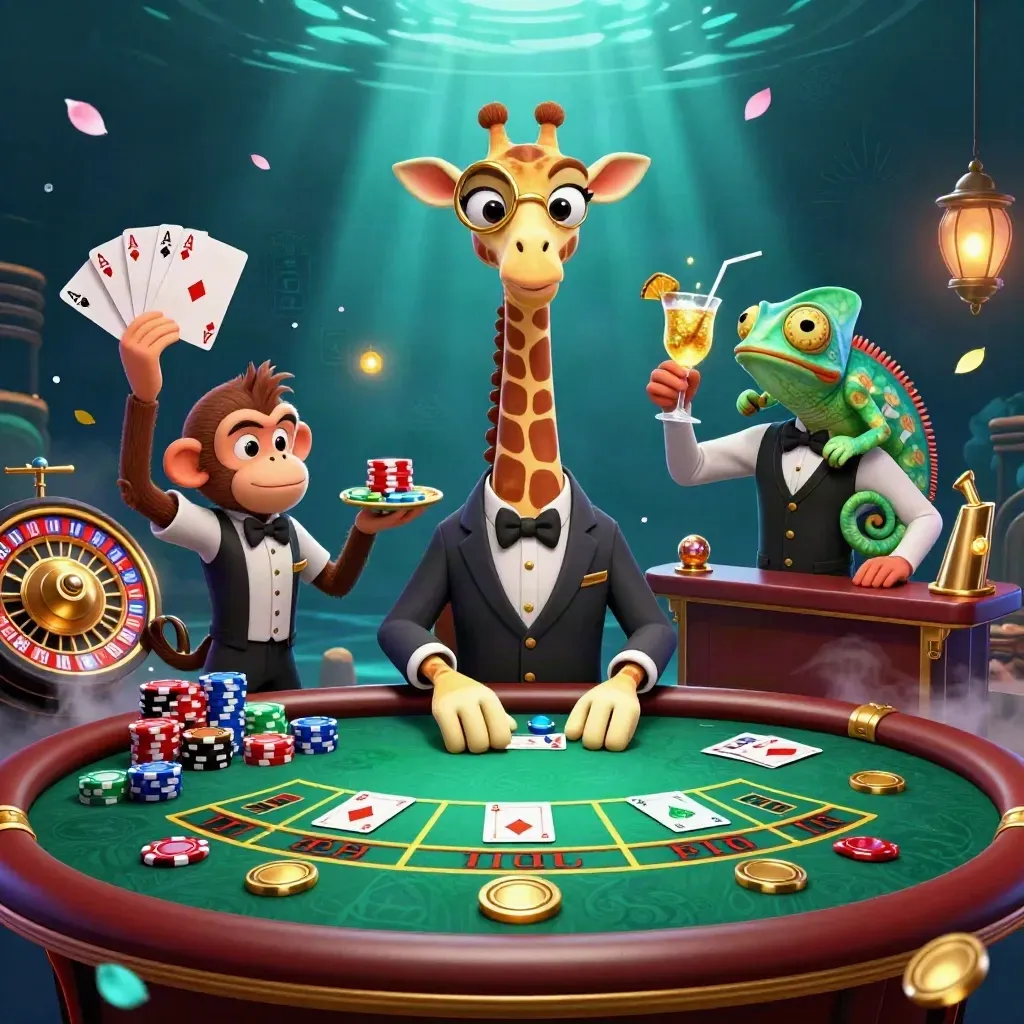 Giraffe VIP, monyet valet, dan bartender bunglon di meja kasino mewah bernuansa emas.