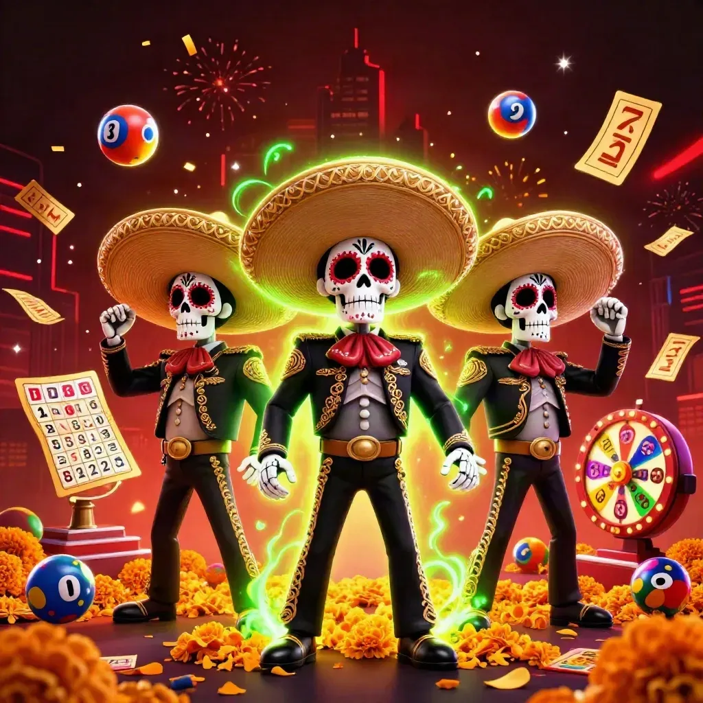 Tiga kerangka mariachi Day of the Dead dikelilingi bola lotre, roda hadiah, dan cahaya neon hijau.
