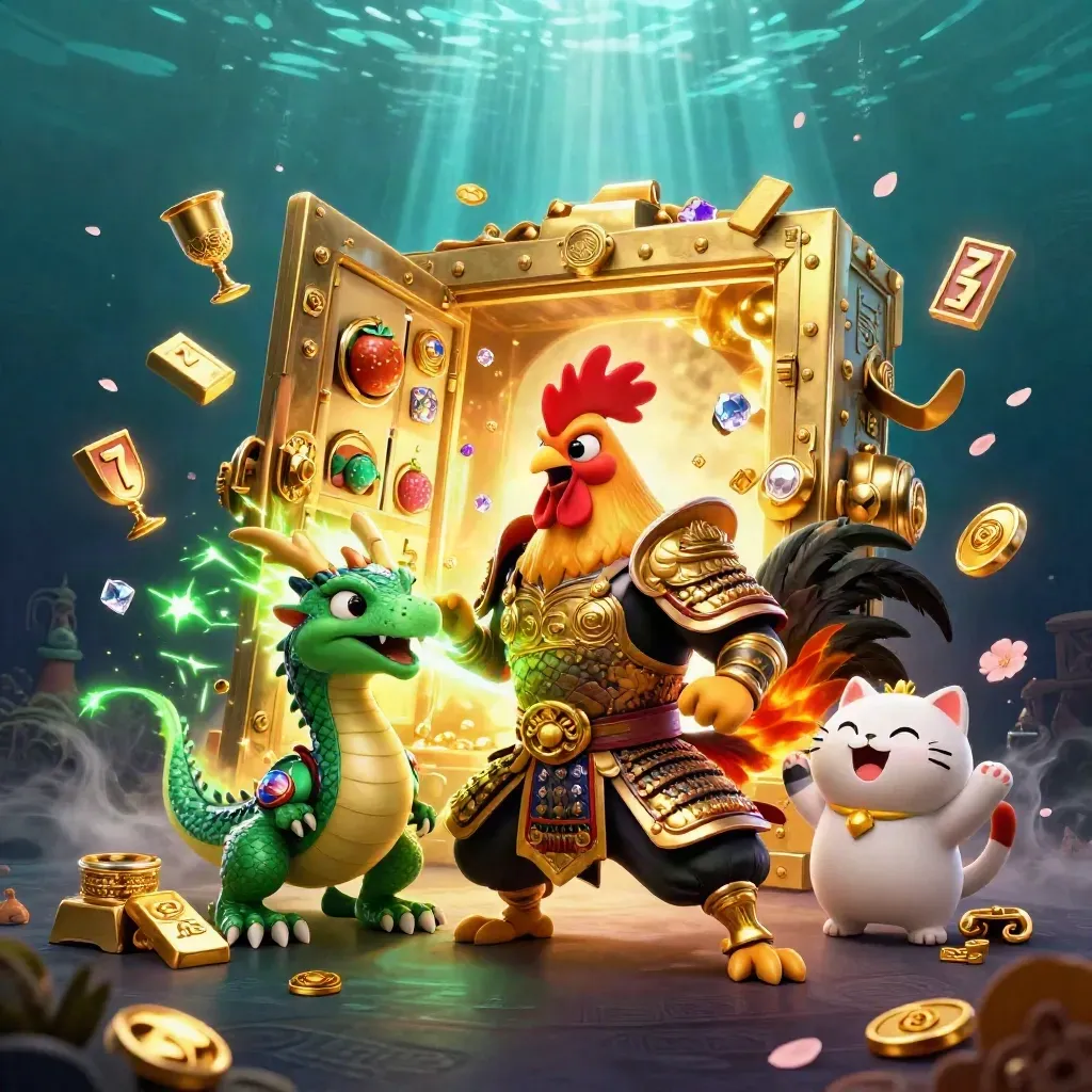Ayam samurai, bayi naga, dan kucing hoki di depan peti emas meledak di laut gelap.