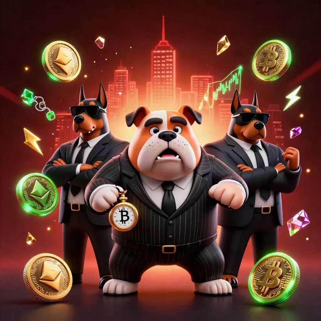 Bulldog bos mafia dan dua doberman dikepung koin kripto neon hijau di latar merah gelap.