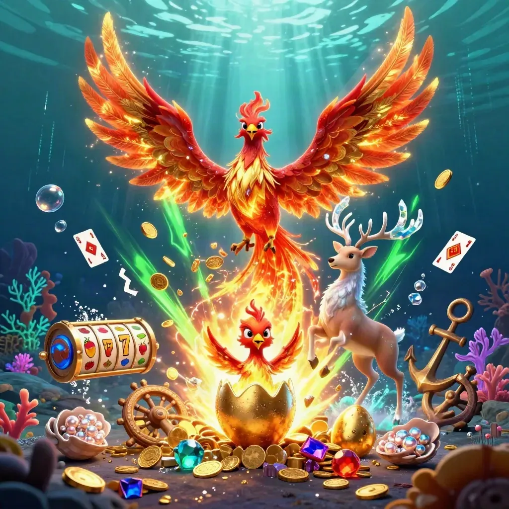 Phoenix, rusa kristal, dan bayi phoenix di bawah laut dengan harta neon hijau.