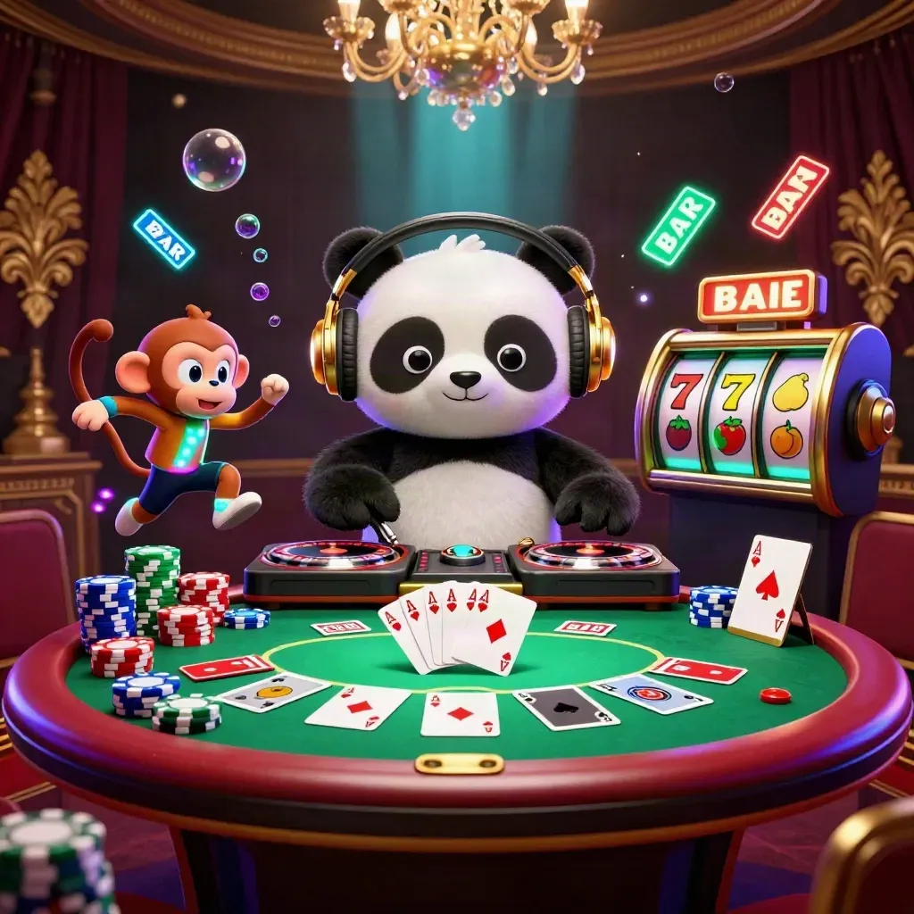 Panda DJ, monyet breakdance, dan kucing neon di meja poker emas dengan latar glamor burgundi.