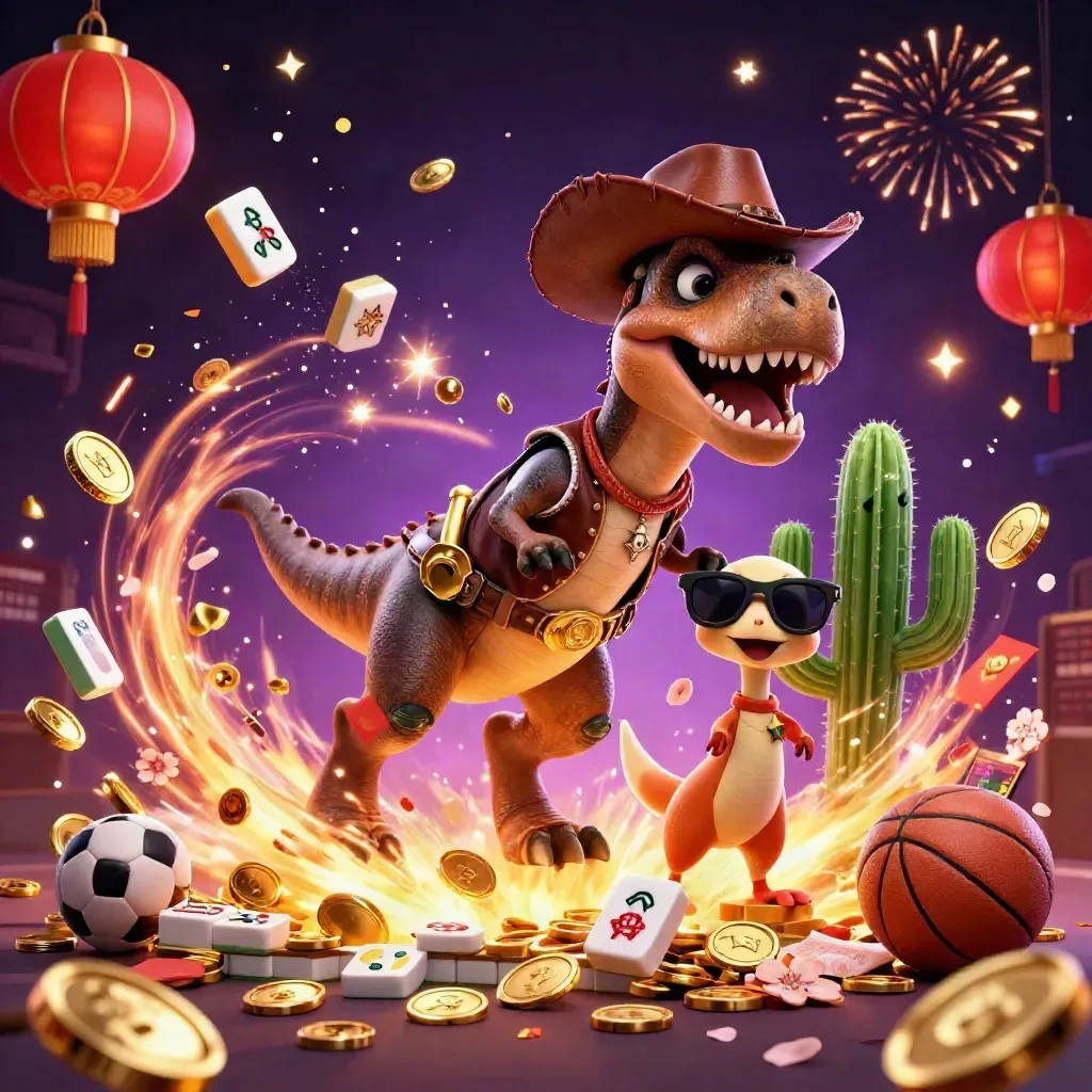 T-Rex koboi, koin emas, lampion, kartu, dan maskot olahraga di latar kasino mewah.