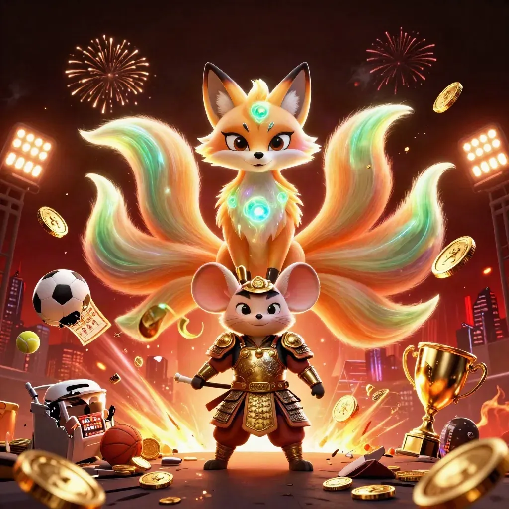 Rubah roh sembilan ekor dan tikus samurai emas dikelilingi koin, bola olahraga, dan kembang api.