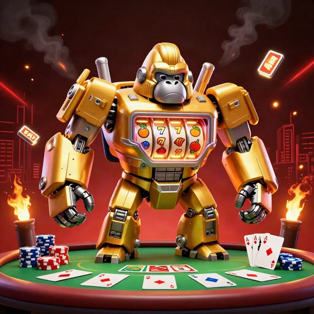 Gorila mech emas dengan pilot monyet, meja poker, chip, kartu, dan efek neon hijau