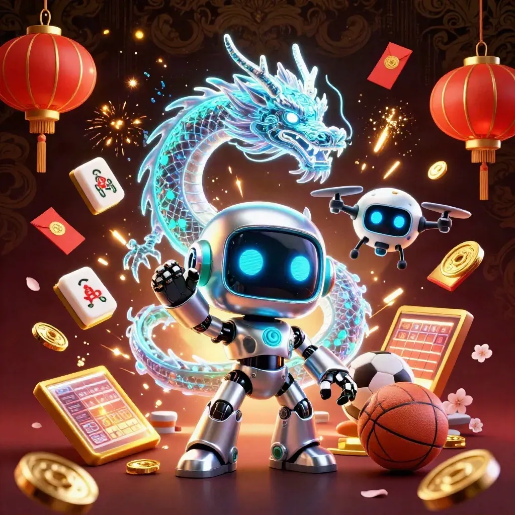 Robot kasino, naga holografik, dan drone di tengah efek emas-neon pada latar mewah.