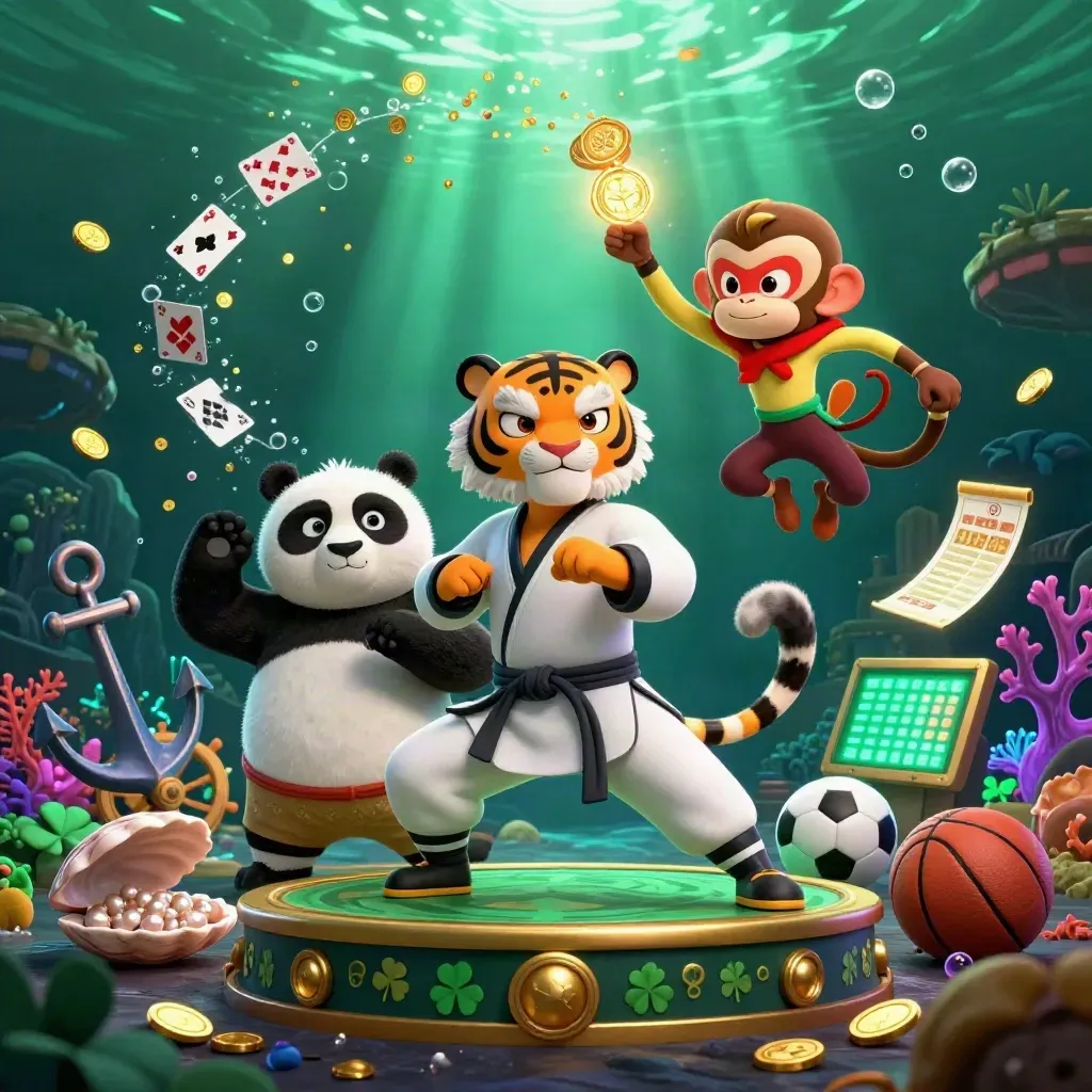 Harimau kung-fu, panda, dan monyet di harta karun bawah laut dengan medali emas.
