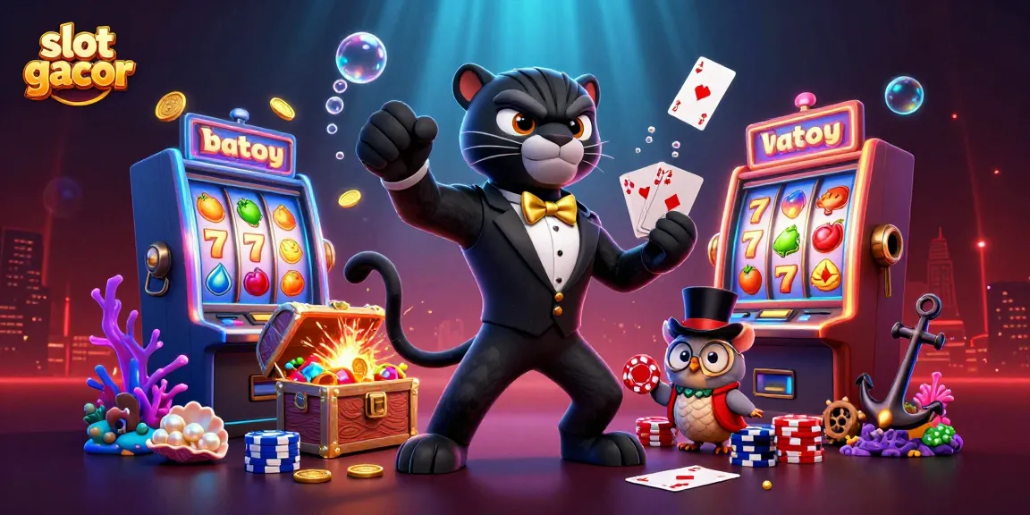 Menang besar di slot gacor dengan karakter kartun bersemangat dan mesin slot mengelilinginya.