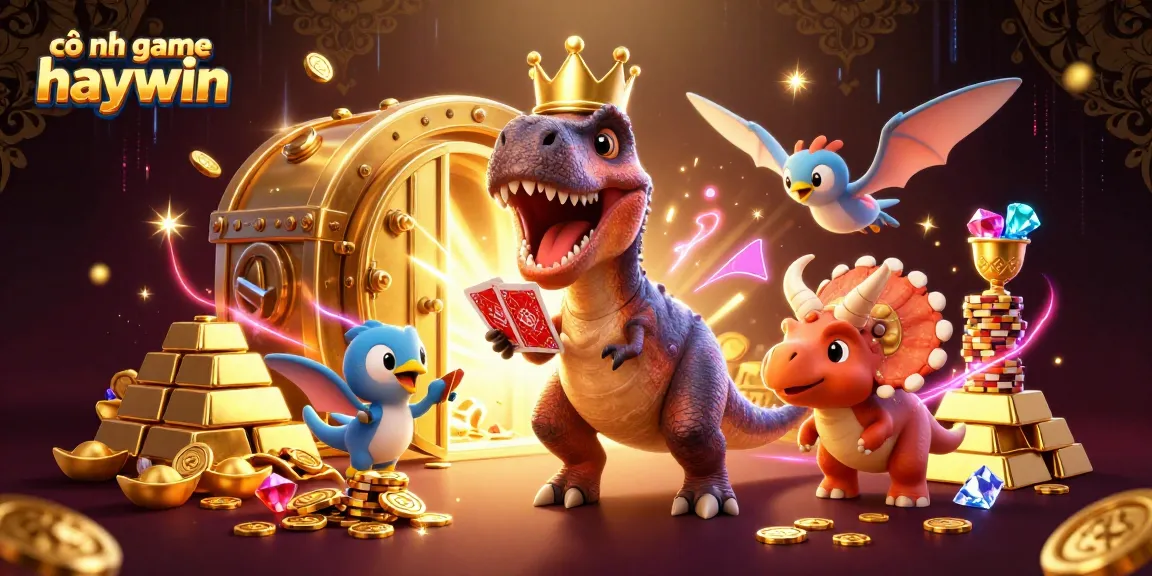 cổng game haywin showcases a vibrant scene with T-Rex, pterodactyl, and triceratops enjoying casino games.