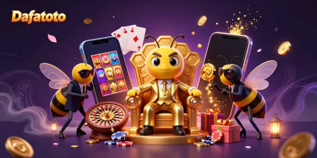 Dafatoto, bumblebee bos mafia dan pengawalnya mengelilingi permainan slot yang penuh warna.