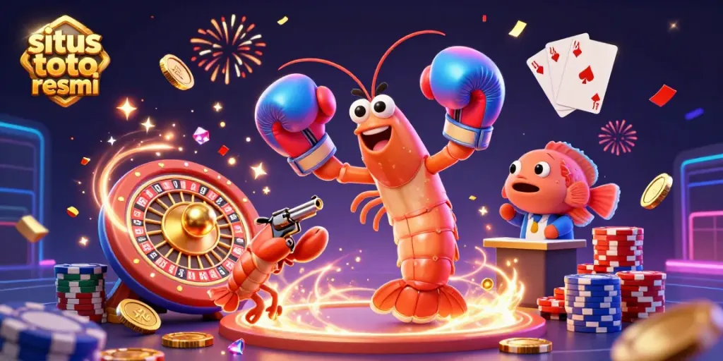 Situs toto resmi illustrates a dynamic casino scene with cartoon mantis shrimp, golden coins, and poker chips.