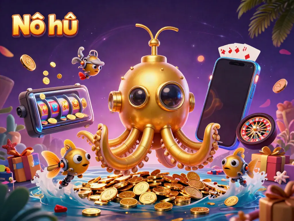 Nổ hũ immersive gaming experience with dynamic golden kraken submarine and vibrant slot game elements