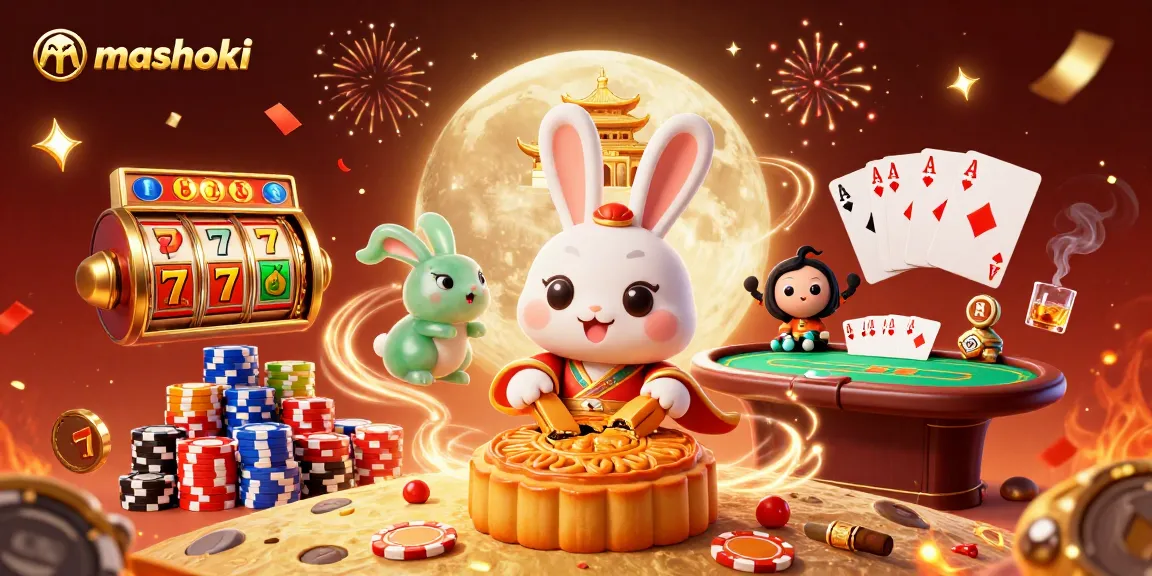 Mashoki brings excitement to online gambling with vibrant slot elements and casino imagery in a fantasy 3D scene.