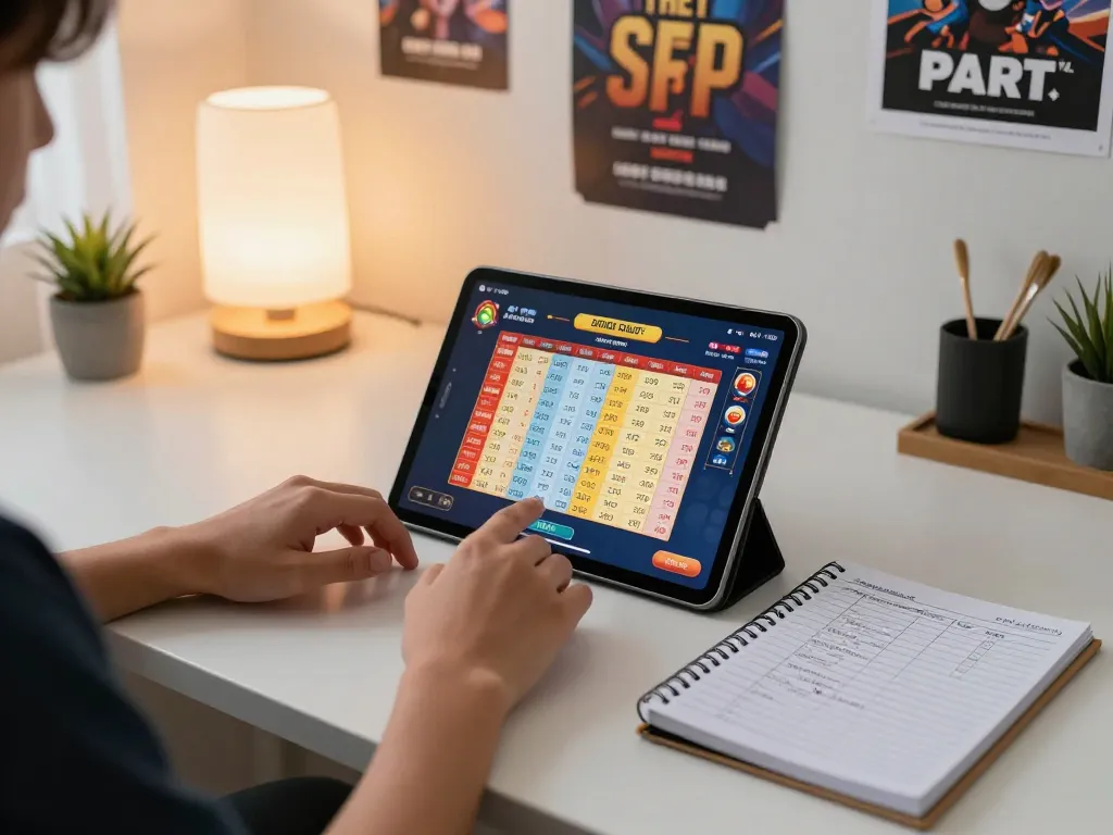 Engaging with data SGP results on a tablet in a cozy online gaming setup, showcasing strategic lottery play.