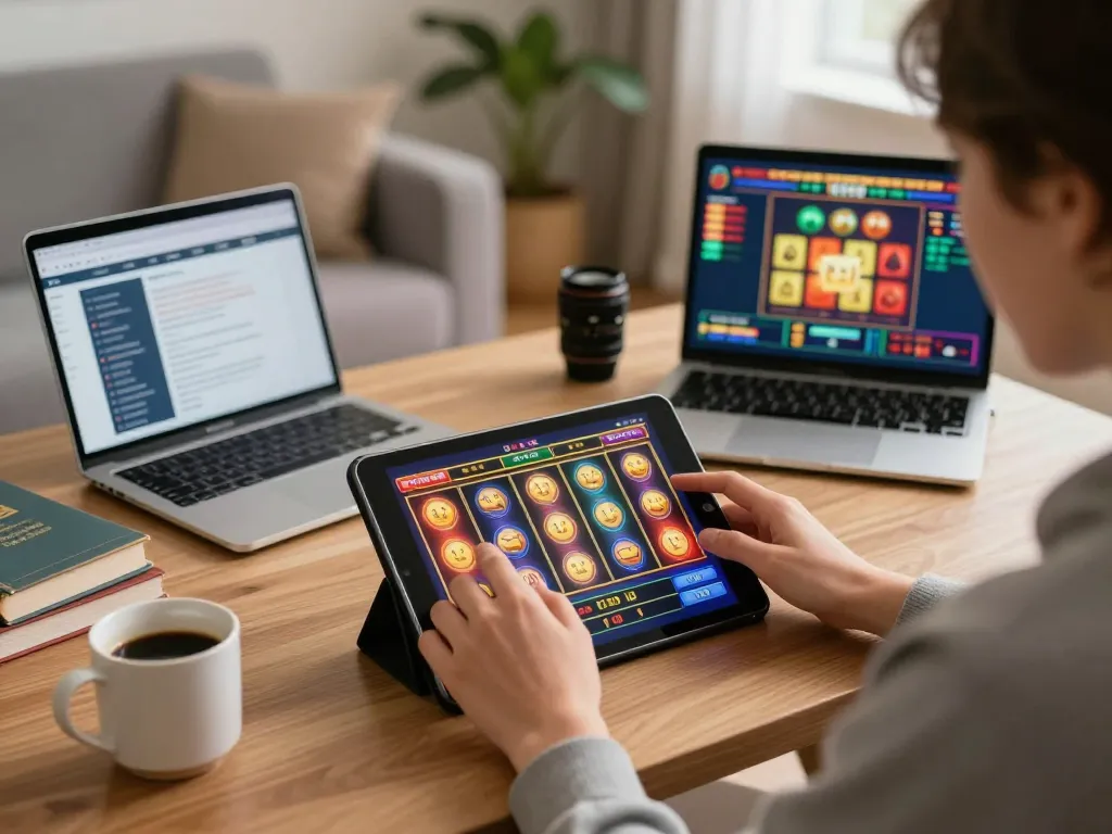 WWBOLA user enjoying thrilling online slots in a cozy home setup, showcasing colorful game reels and strategic excitement for responsible gaming.