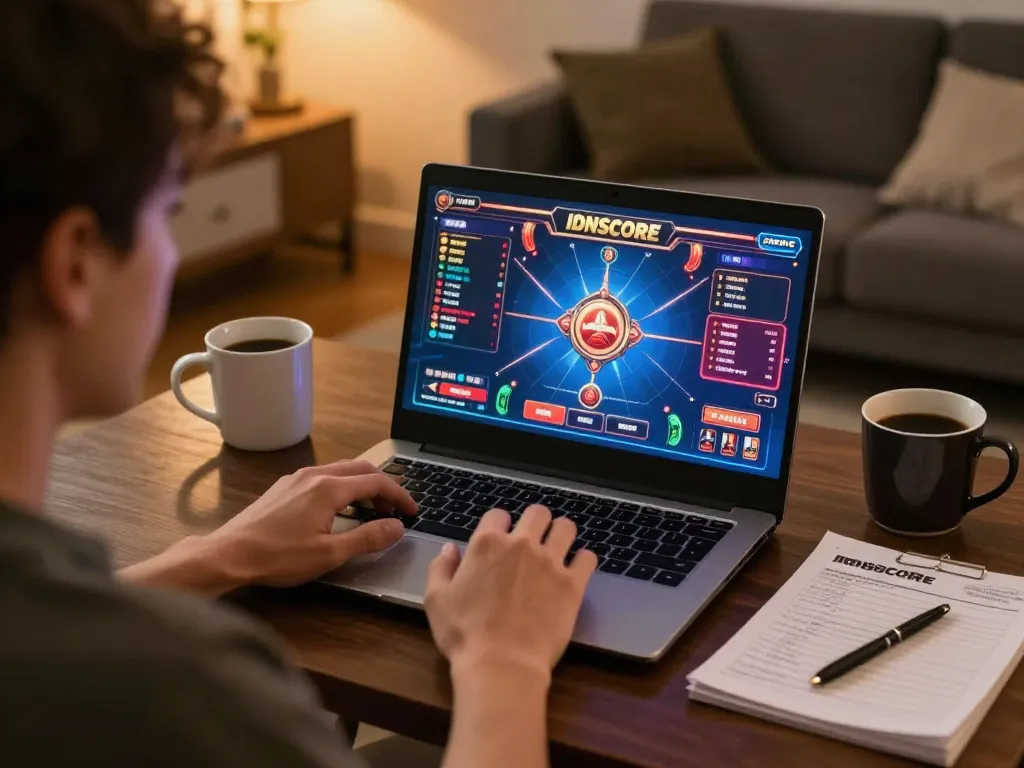 IDNSCORE player enjoying an exciting online gaming tournament from home with strategic notes on the table.
