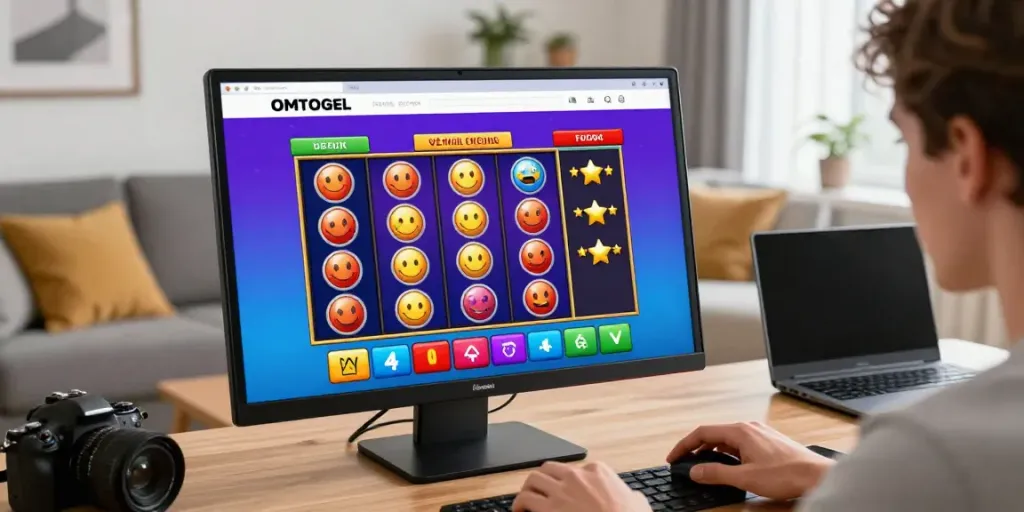 Platform judi online OMTOGEL dengan tampilan slot warna-warni dan pemain yang menggunakan smartphone.