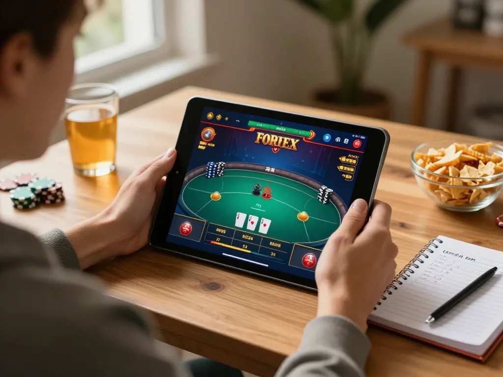Player yang terlibat dalam strategi permainan poker rumahan dengan antarmuka tablet yang menunjukkan elemen spaceman.