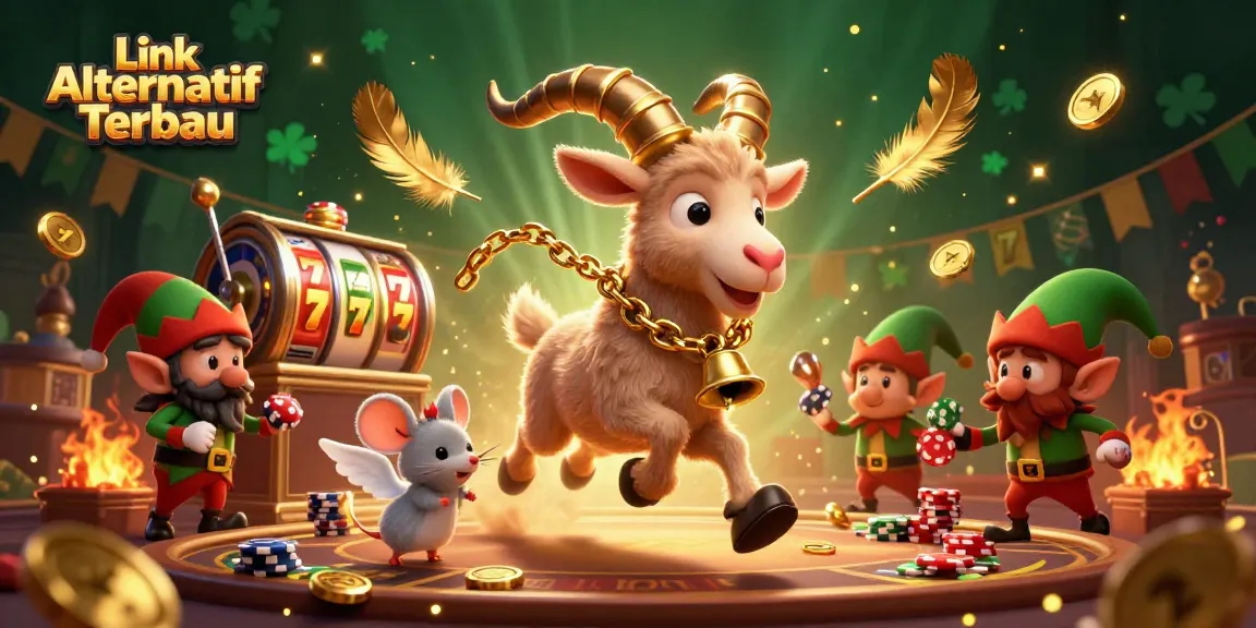 Engage with Link Alternatif Terbaru in a vibrant casino scene featuring whimsical characters and dynamic gambling elements.