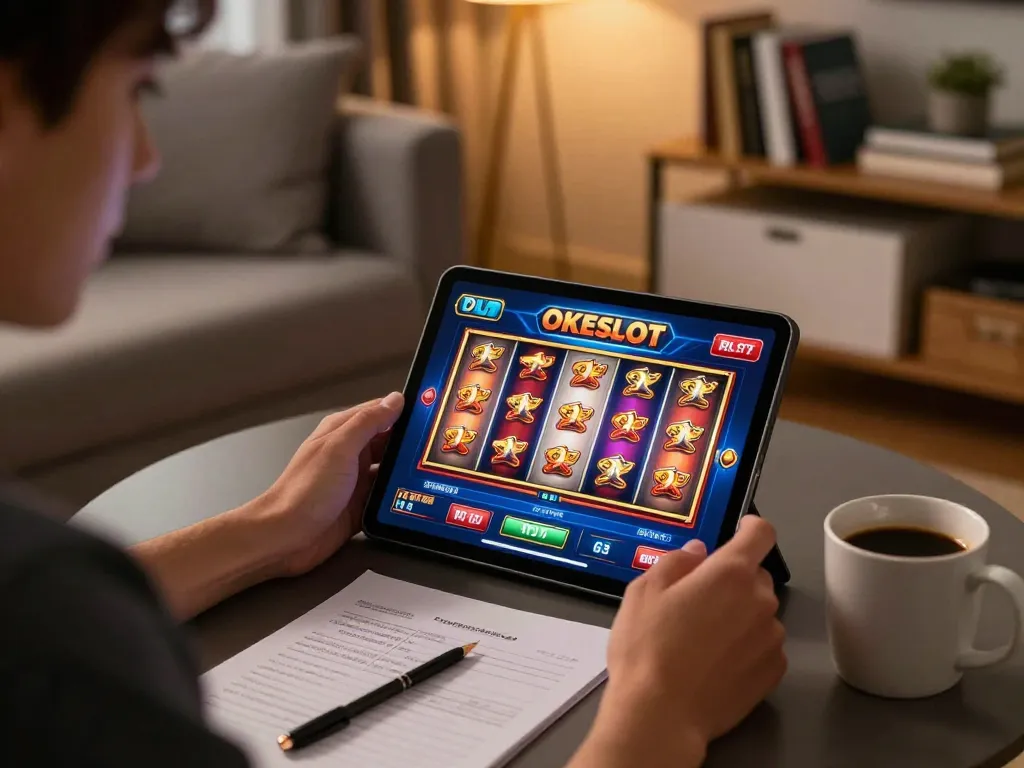Engage with OKESLOT online gaming interface on a cozy tablet setup, showcasing a player’s strategic focus.