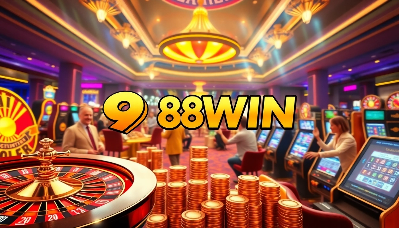 Exciting online gambling scene with 98WIN logo, roulette wheel, and vibrant slot machines.