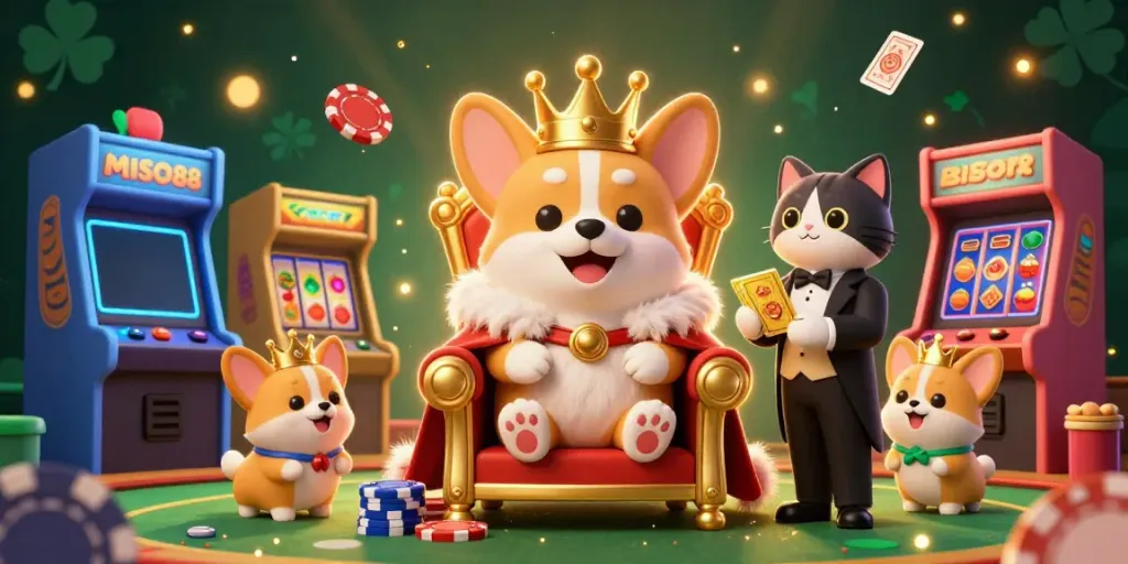 MISO88 celebrates a vibrant casino atmosphere with a royal corgi and characters amidst gaming excitement.