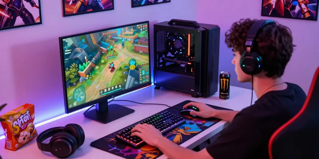 Permainan Natunatoto saat penggemar bermain di laptop dengan aksesori gaming lengkap, suasana ceria dan menarik.