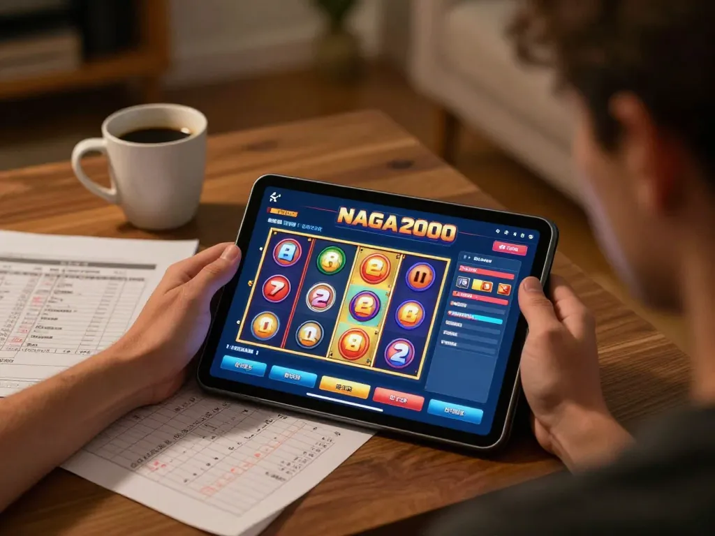 NAGA2000 player enjoying slot games on tablet while managing bankroll in a cozy home setup.