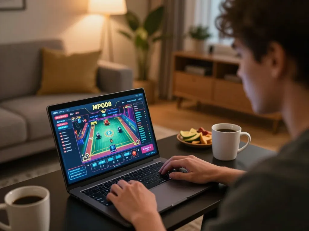 MPO08 user engaging with interactive online casino games in a cozy home setting.