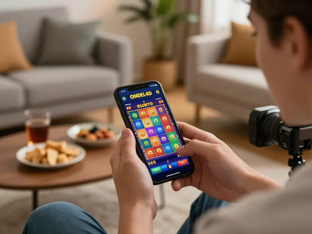 Player enjoying ONDEL4D mobile slots in a cozy home setup, showcasing vibrant gameplay.