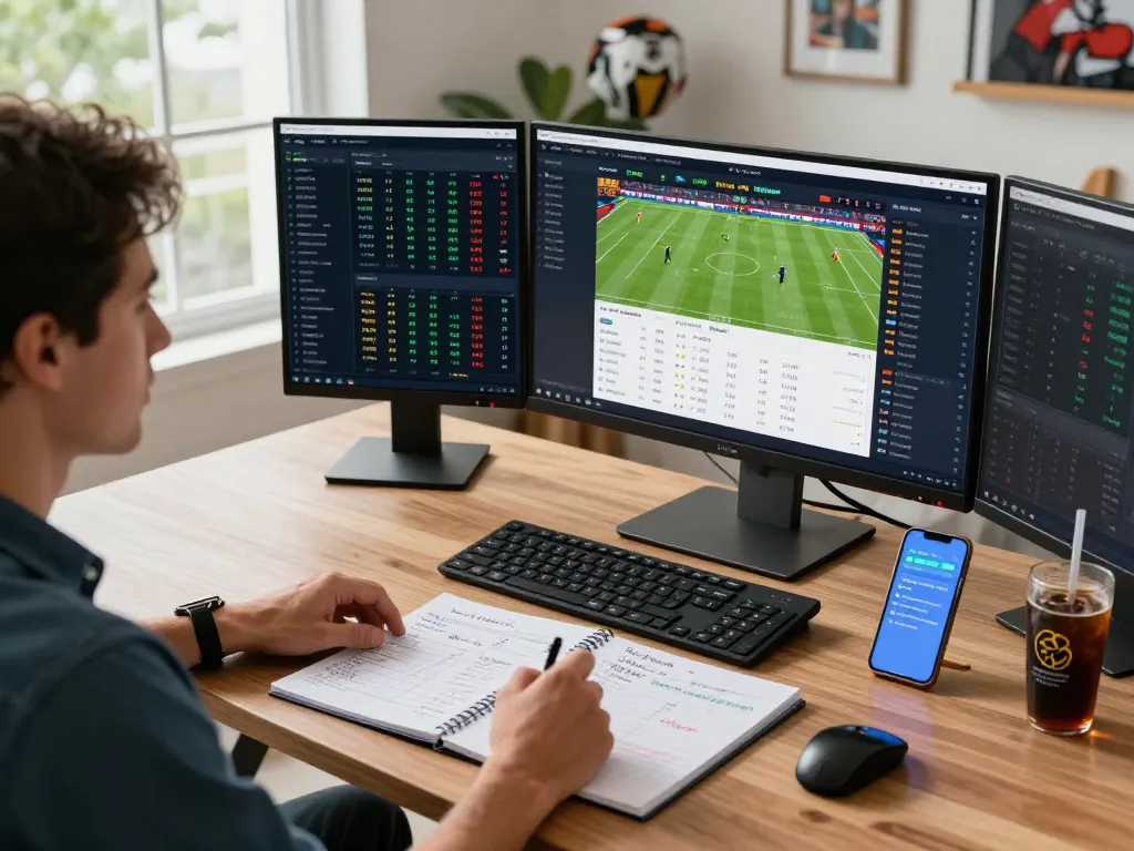 Analyze tỷ lệ cá cược effectively in a modern sports betting setup with multiple screens showing live odds and match stats.