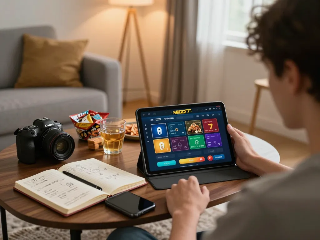 Engaging in online gambling on NEGO77 platform in a cozy home environment.