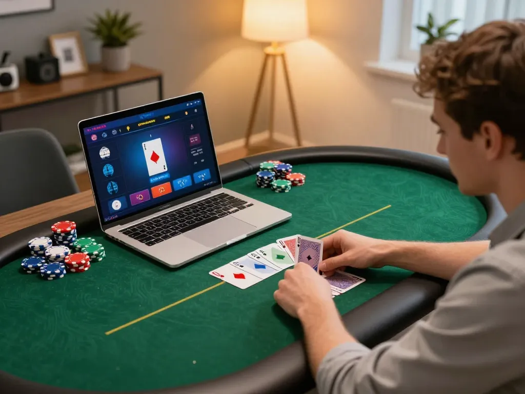MPO08 poker game strategy in action, showing player engaged on laptop with chips and cards around.