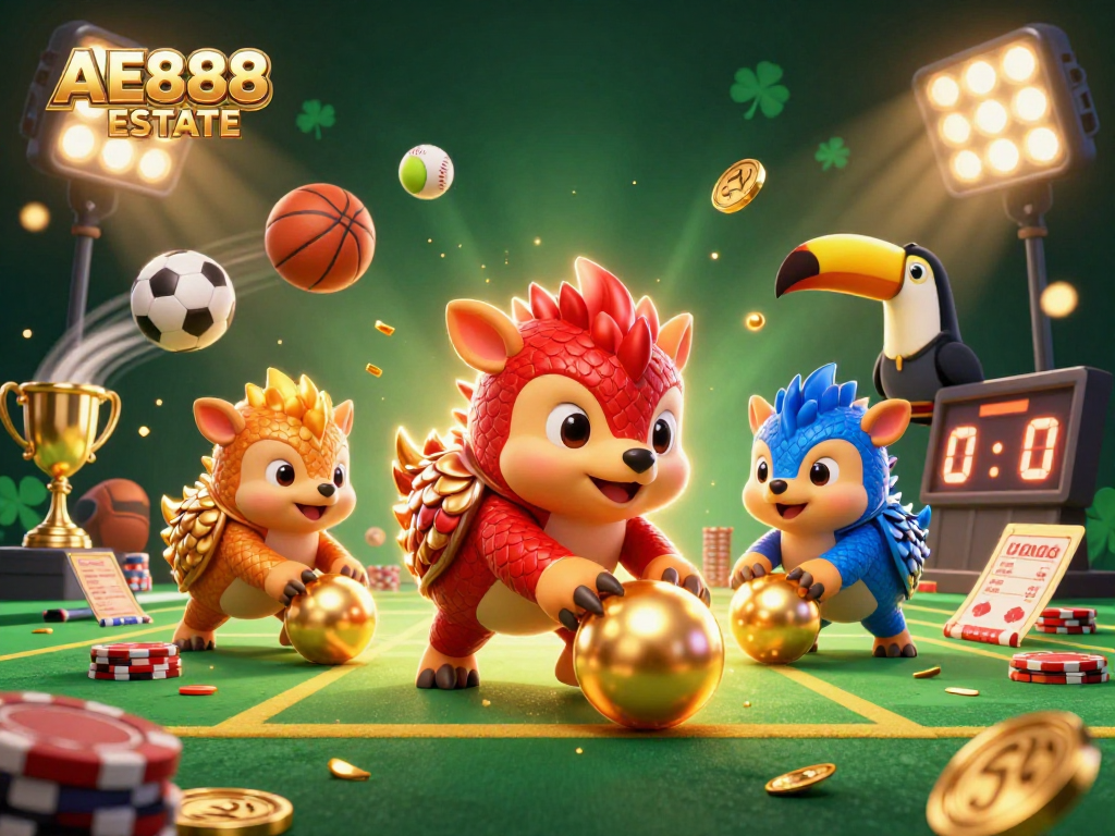 Engage in thrilling gameplay at AE888 ESTATE with animated pangolins bowling through poker chips.