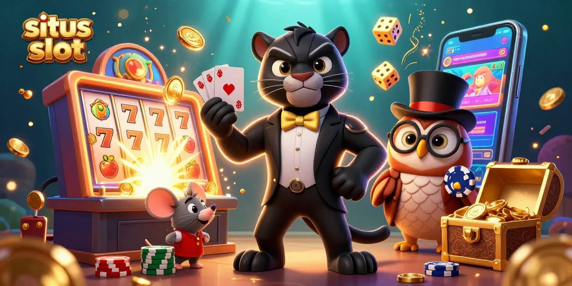 Engage with the situs slot experience featuring a panther, owl, and mouse in a vibrant casino scene.