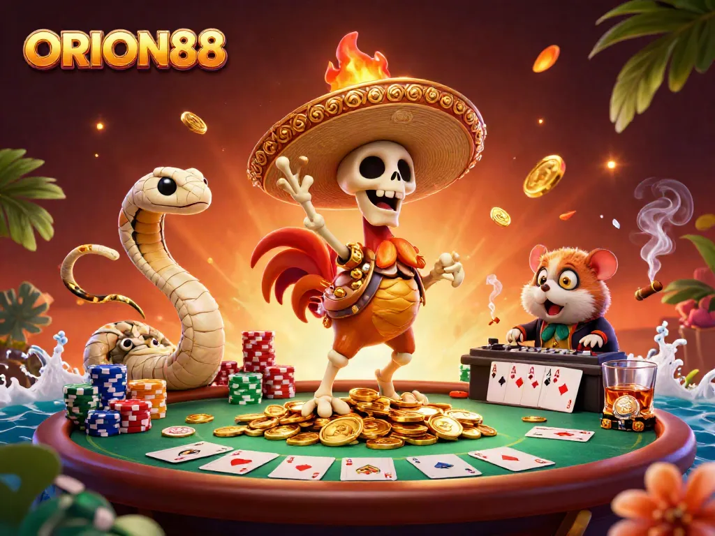 Experience high-stakes fun with ORION88 featuring a vibrant, festive casino scene alive with action.