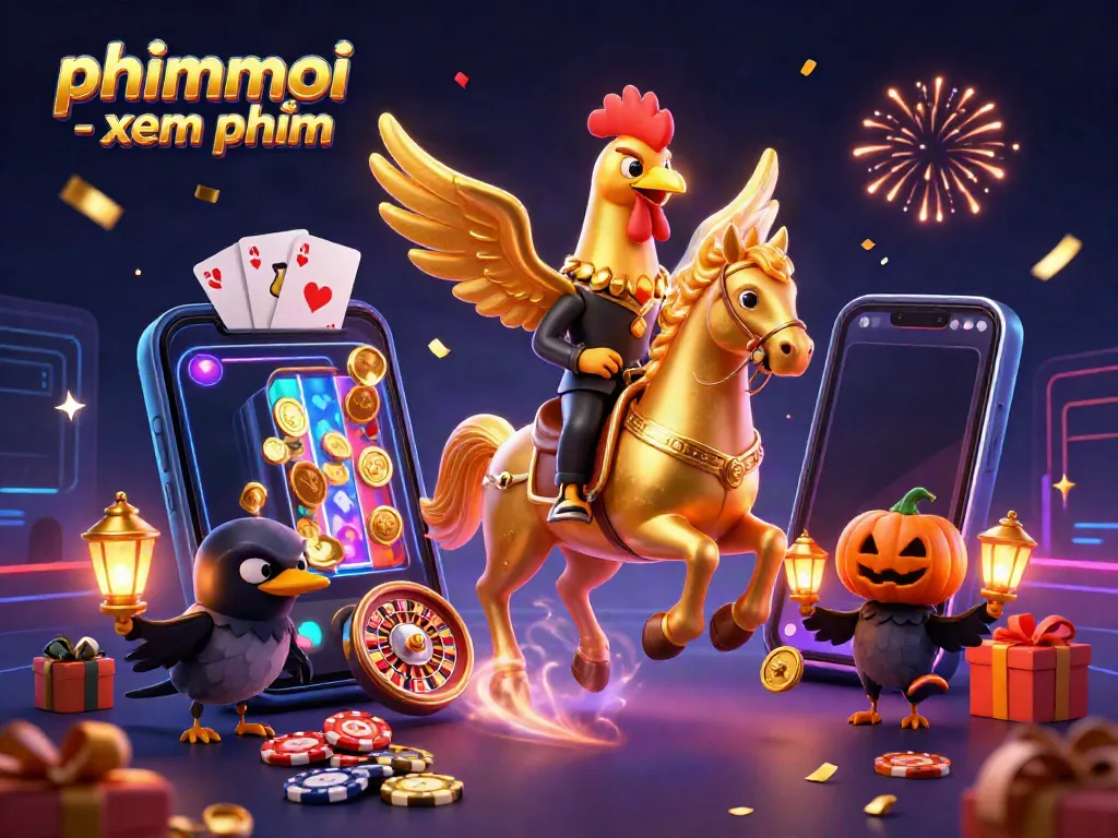 Play stylishly with phimmoi - xem phim in a vibrant casino scene featuring animated characters and games.