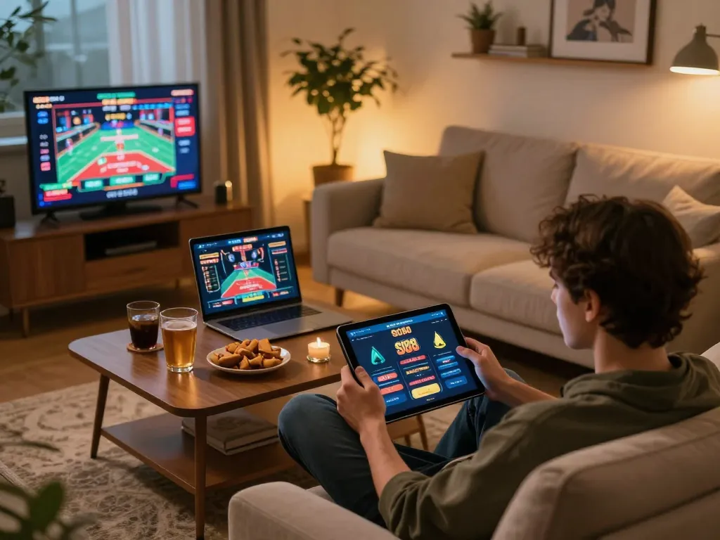 Player using SC88 app on tablet while enjoying a comfortable home gaming setup